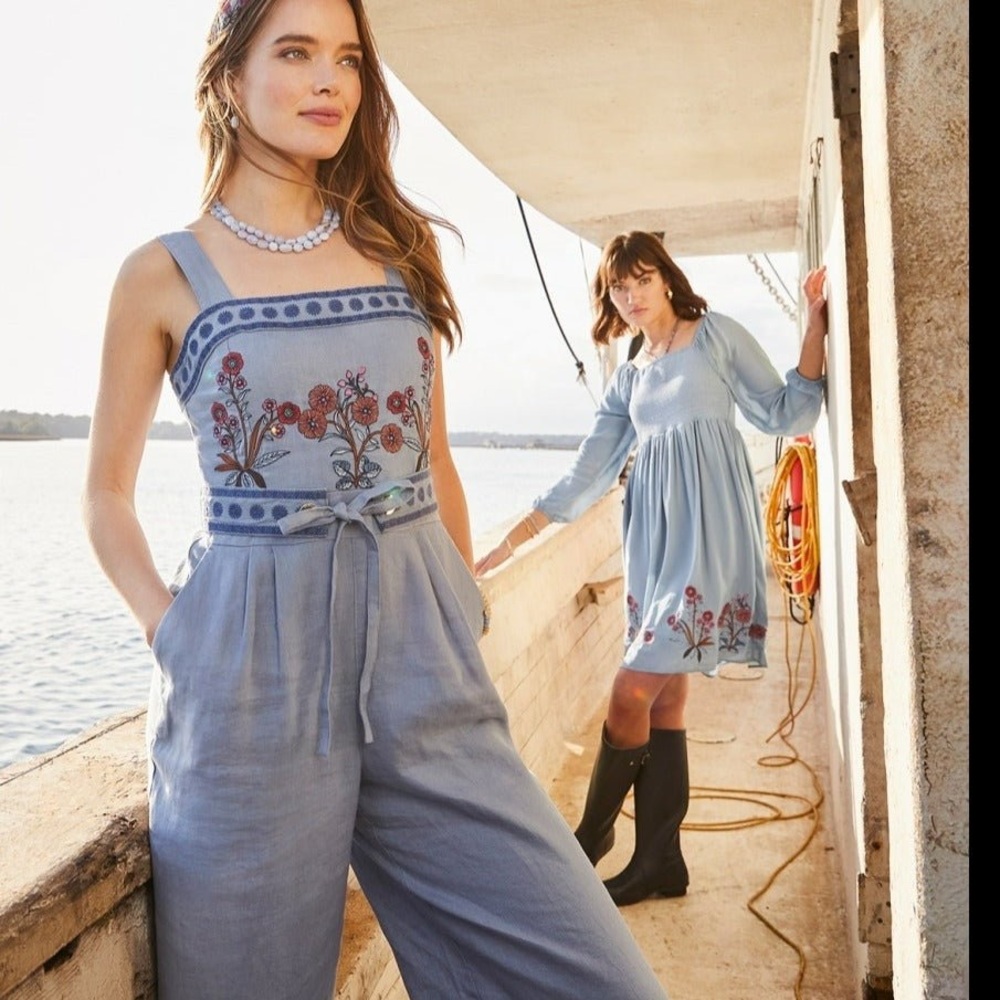NWT Spartina 449 Linen  Embroidery Jumpsuit Size 10 - Picture 2 of 7